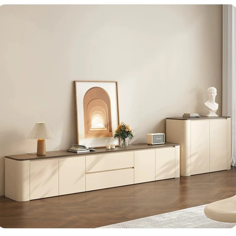 F*-No Handle Push-open Door And Drawer Media Console, Two Tone Wood TV Cabinet With Full Rounded Corners, Modern
