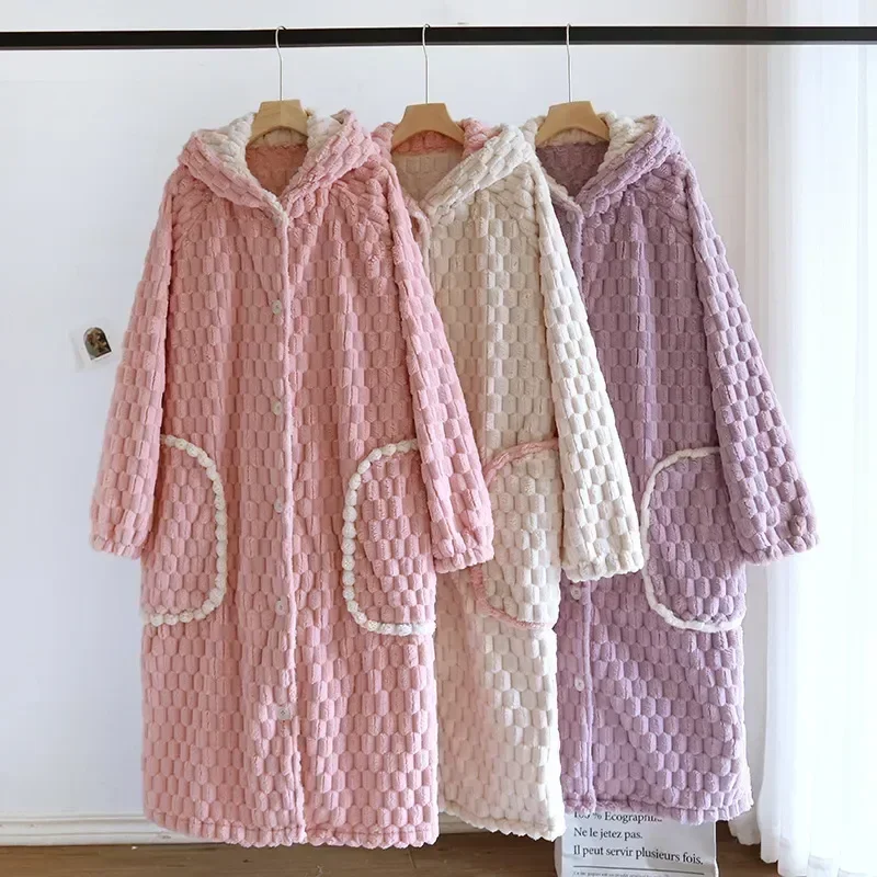 Pajama Warmth Women Ladies Sleepwear Robe Thickened Winter Nightwears For Warm Flannel Female Bathrobe Nightie