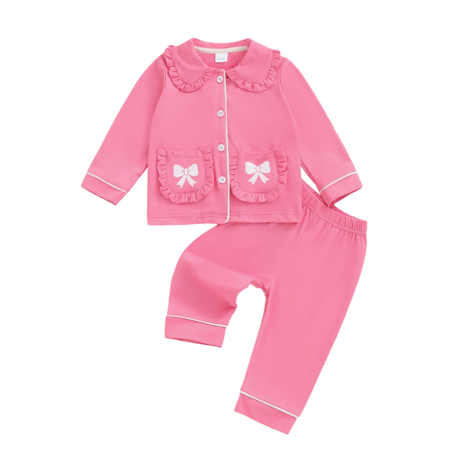 Toddler Girl Fall Pajamas Set Bow Print Doll Collar Long Sleeve Button Down Tops with Pants Sleepwear