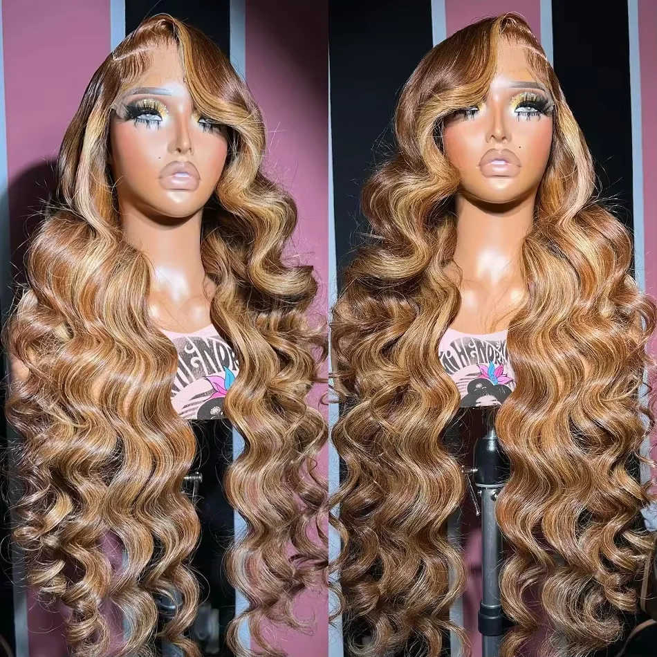 Highlight Ombre Body Wave Lace Front Wig Human Hair 13x4 13X6 4/27 Honey Blonde Lace Frontal Wigs Pre Plucked 200 Density