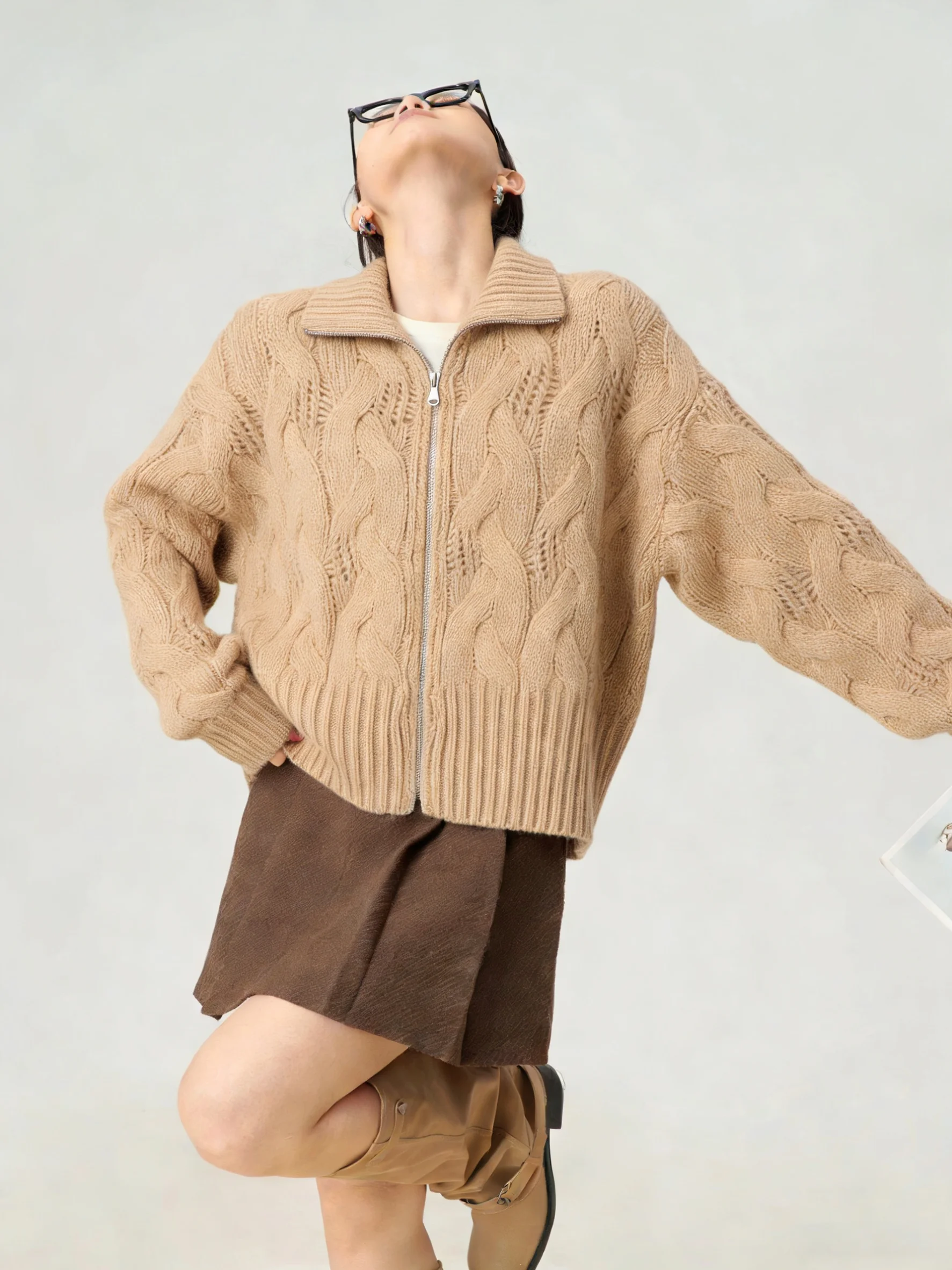 

Вязаный кардиган цвета хаки с молнией и цветочным узором, женский, весенний, модный, свободного кроя, повседневный, с длинными рукавами