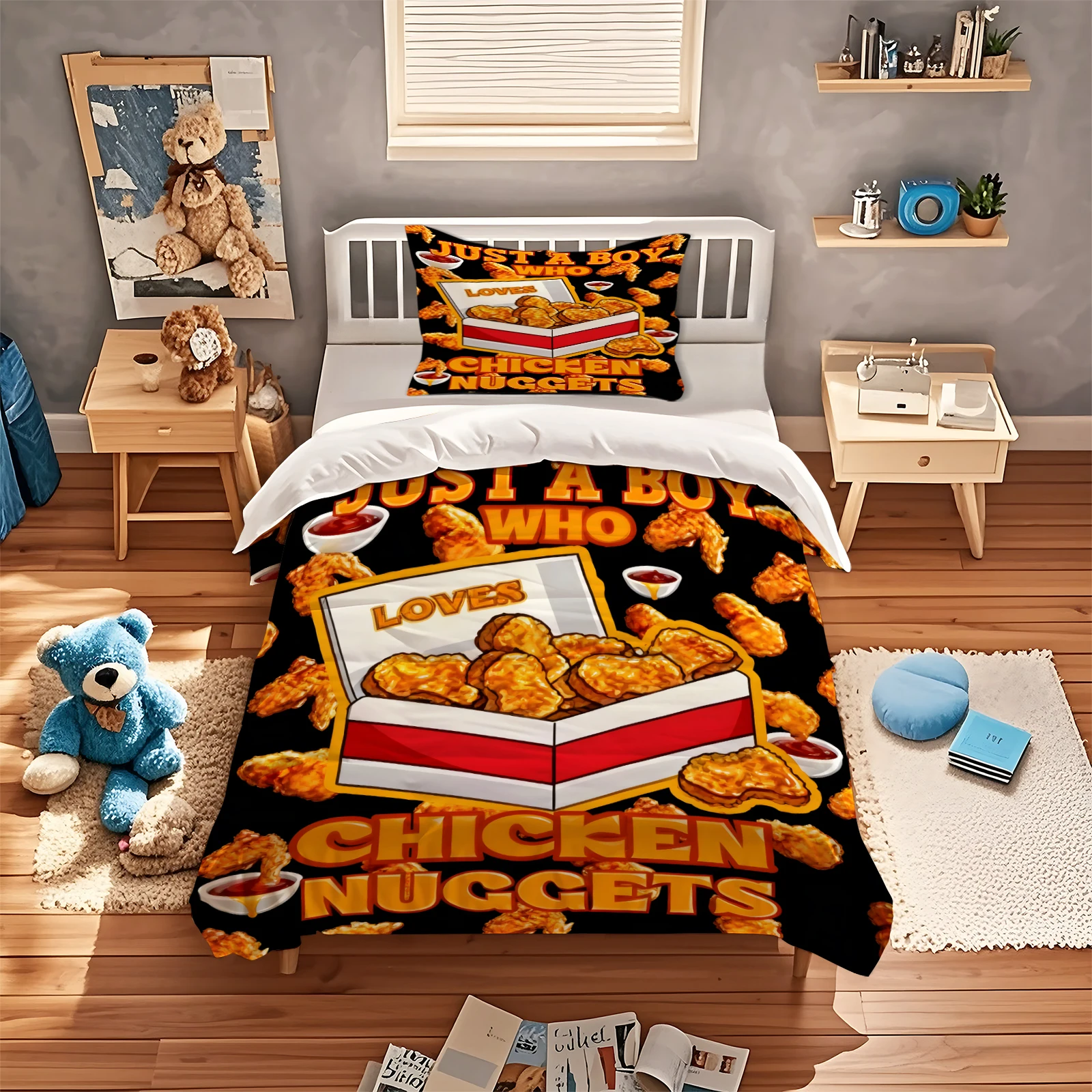 Just A Boy Who Loves Chicken Nuggets Bedding Set Funny Food Print Duvet‑Cover Set Soft Polyester Quilt Cover With Pillowcase