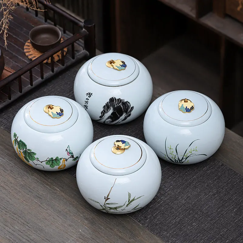 Blue-green Porcelain Tea Leaf Jar Round Orchid Ceramic Decorative Jar Multifunctional Home Candy Coffee Bean Herbal Sealed Box