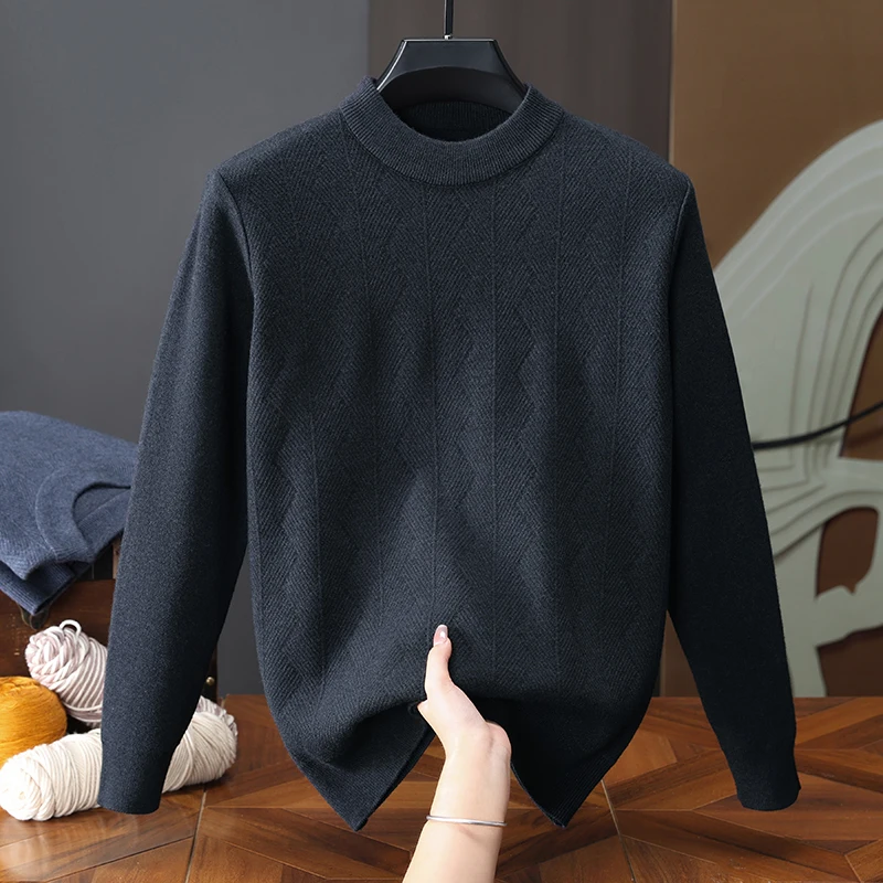 

Мужской вязаный свитер на осень-зиму с высоким воротником, текстурой тартан, отделкой кисточками, длинный рукав, теплый, из полиэстера...