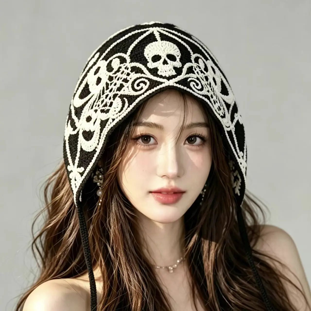 Halloween Knitted Crochet Headband Skeleton Ghost Bat Spider Web Photo Triangle Scarf Trendy Female Costume Accessory