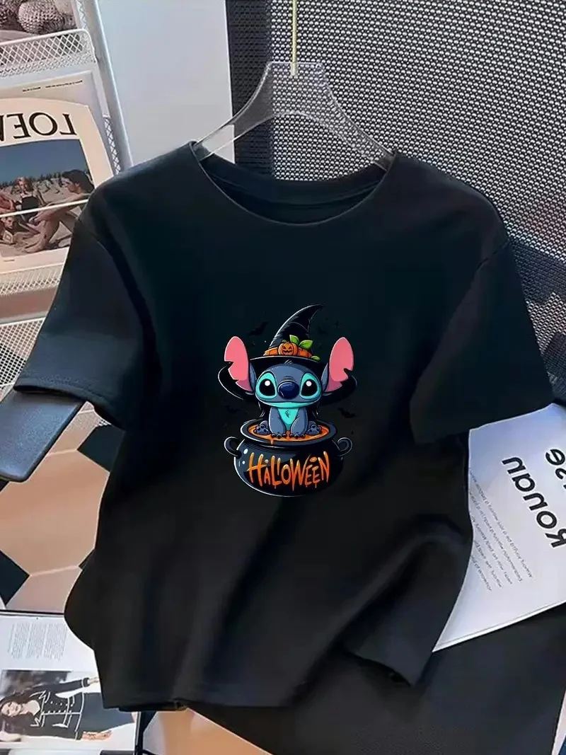 

2025 Disney Pattern Printed Women's Casual Comfortable Unique Smiling Face Black Round Neck Short Sleeve T-shirt