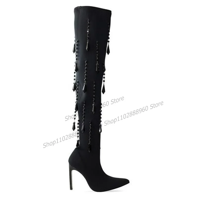 

Over The Knee Black Crystal Fringe Decor Boots Thin High Heel Women Shoes Side Zipper Pointed Toe 2023 Sexy Zapatos Para Mujere