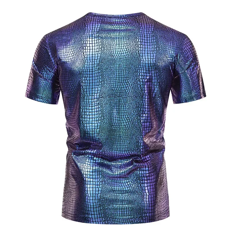 Daily Wear Men Fashion Shiny Croc Skin Graphic T‑Shirt Metallic Snake Scale Print Crew Neck Nightclub Party Short Sleeve Tees