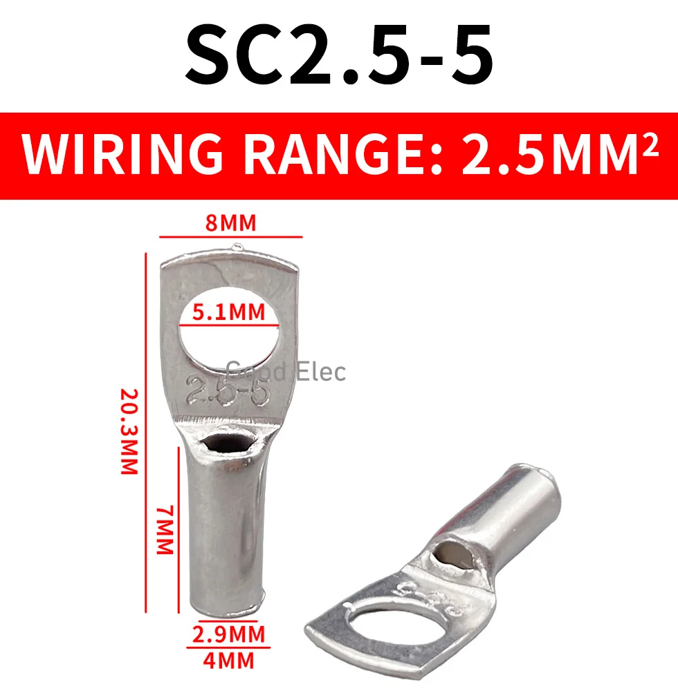 100PCS SC1.5-4,SC1.5-SC2.5-6 tinned copper 4mm 5mm 6mm bolt hole 1.5mm²,2.5mm ² cable lug battery connector crimping terminal