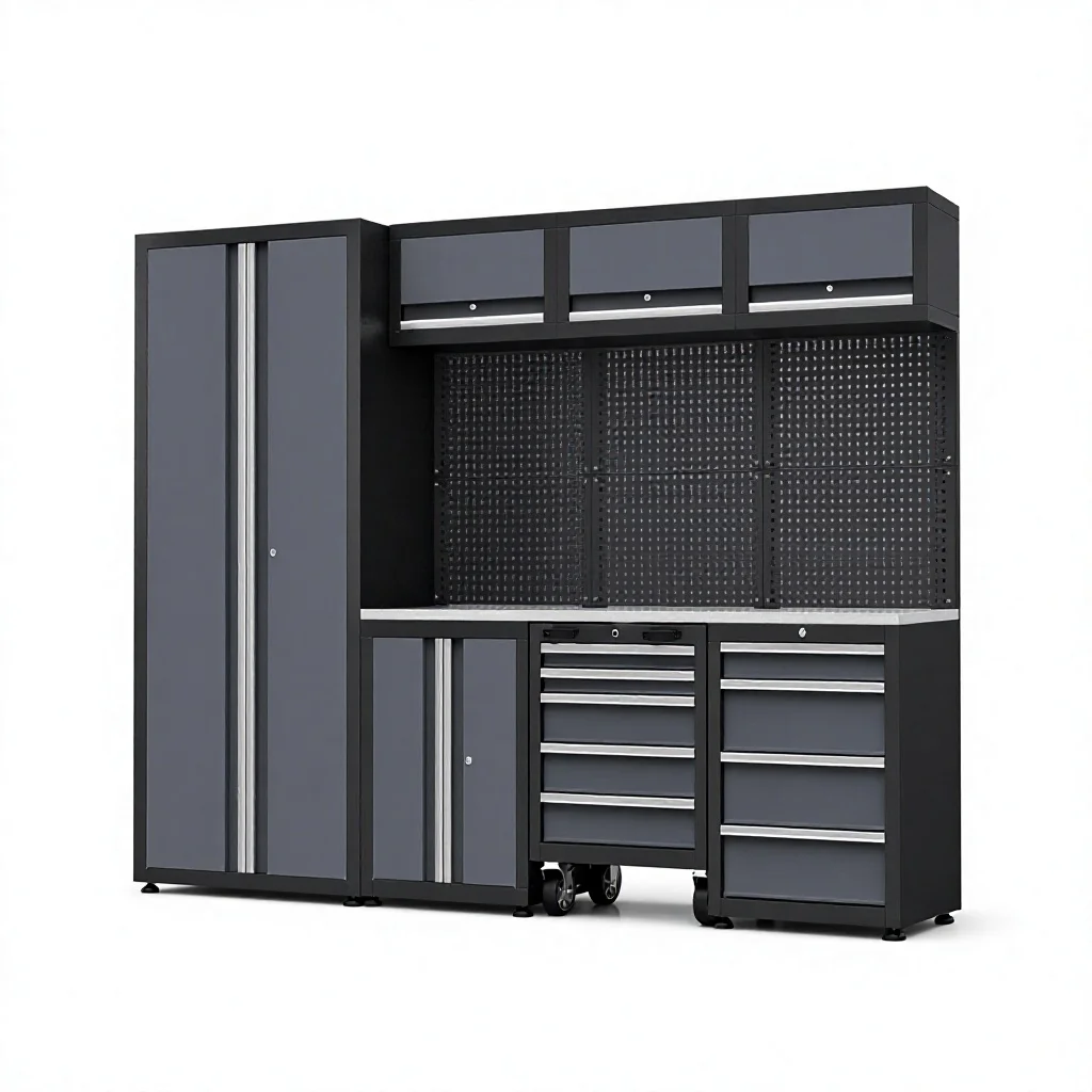 Modulair garagesysteem voor opslag, professionele stalen werkplaatsorganisatie, gereedschapskast met werkbank, alleen onderdelen, geen complete set.