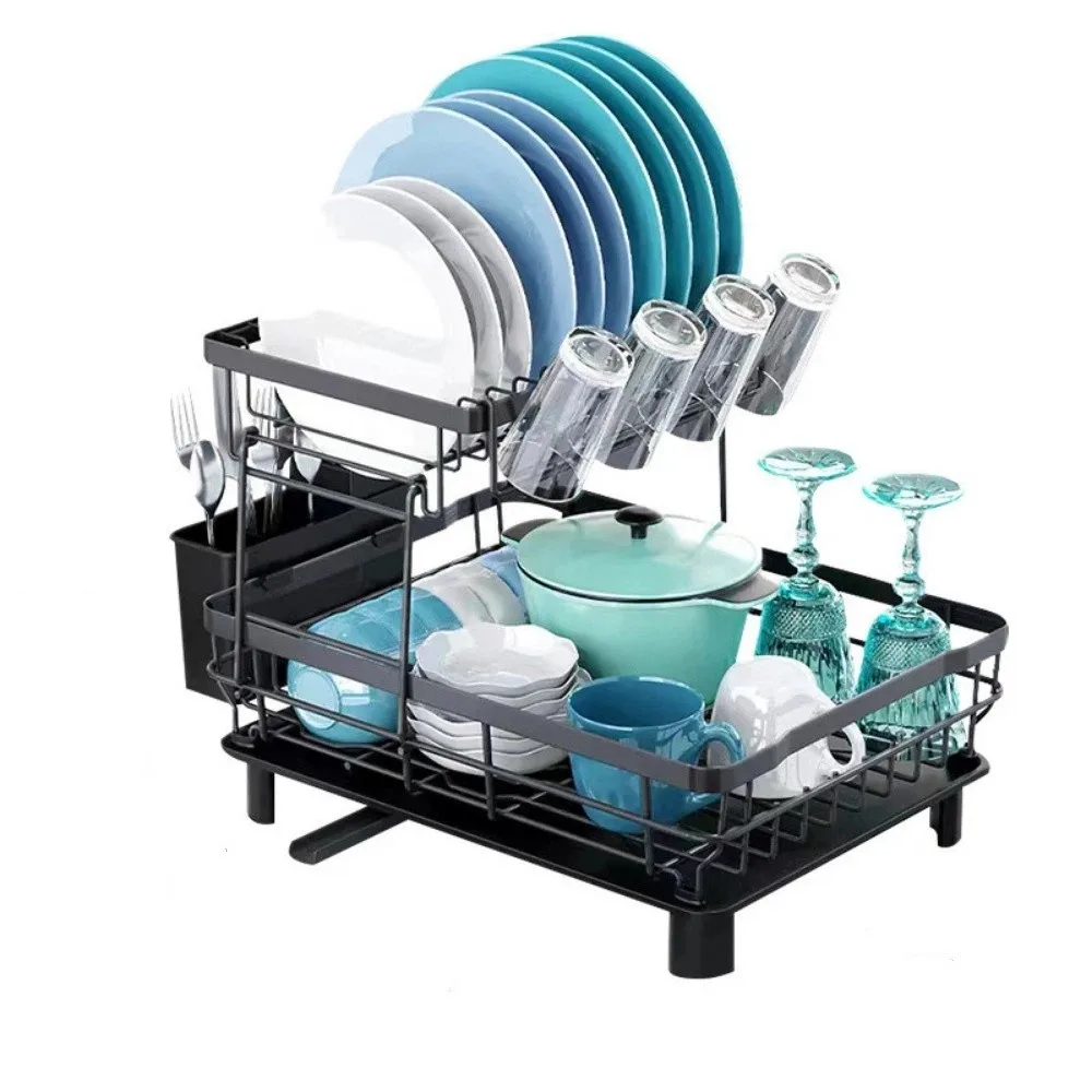Rust-Proof Dish Drying Rack Large Capacity Black Iron Kitchen Storage Shelf Drainboard Extendable Drainboard Set Kitchen Counter