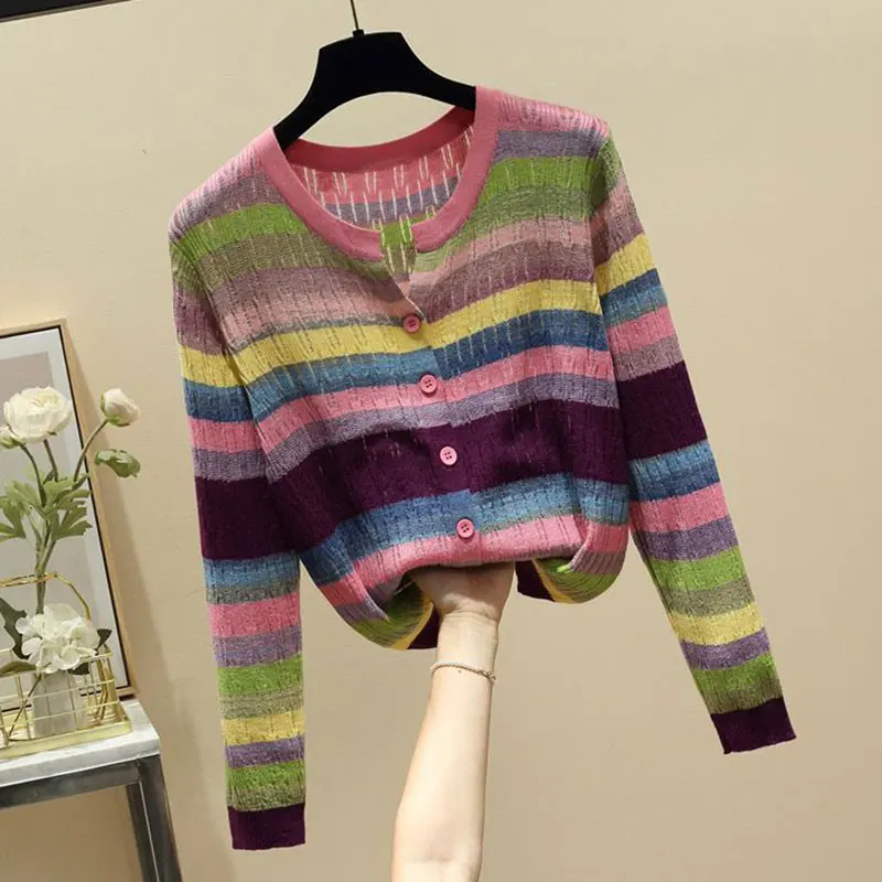 Rainbow Striped V-Neck Knitted Casual Chic Long Sleeve Women\'s Cardigan Single Breasted Sweater Cardigan For Women Clothing 2024