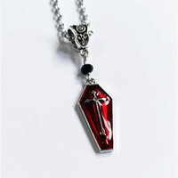 Gothic Vampire Cross Red Coffin Pendant Necklaces For Women Man Vintage Silver Color Sword Thorn Chain Party Jewelry Gift