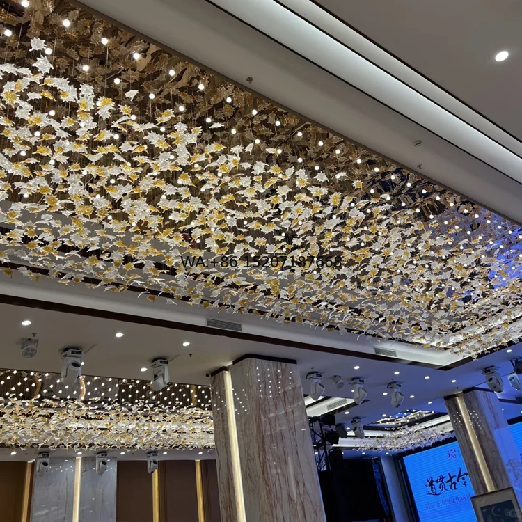 

Настраиваемая большая стеклянная светодиодная люстра E12, лампа с регулируемой высотой, беспроводное управление, овальный дизайн кленового листа для декора отеля/велла