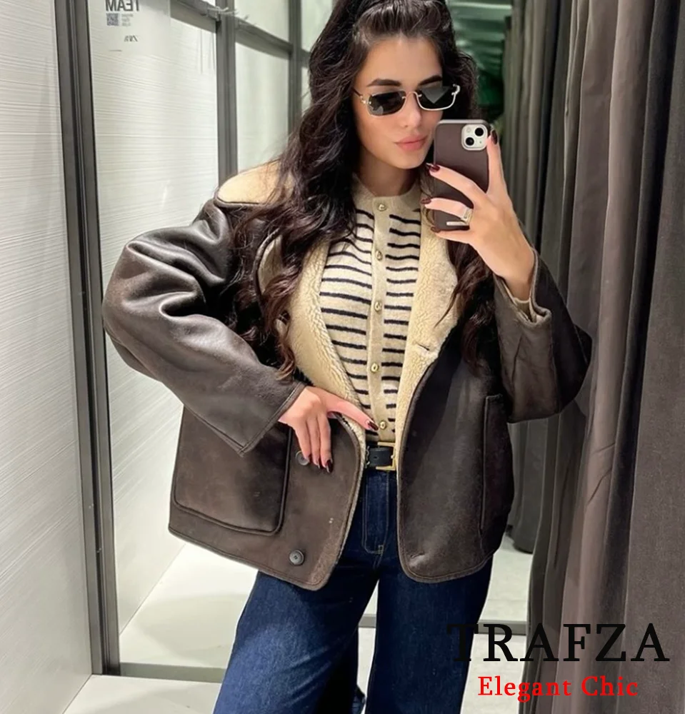 TRAFZA Vintage Women\'s Fall Winter Fleece Lapel Pockets Buttons Jacket Coat New 2024 Fashion Casual Retro Loose Coat