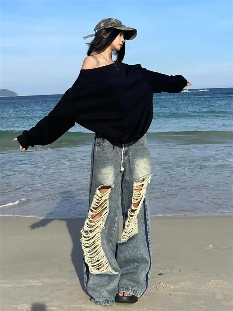 

Американские джинсы свободного кроя с широкими штанинами для женщин, летние, удлиненные, с низкой посадкой, из денима, с дырками, модные, больших размеров