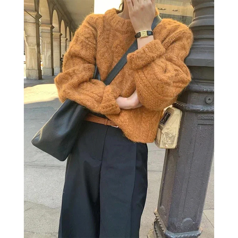 MEXZT Streetwear Cropped Sweater Women Vintage Oversized Knitted Pullovers Korean O Neck Jumpers Winter Basic Thicken Knitwear