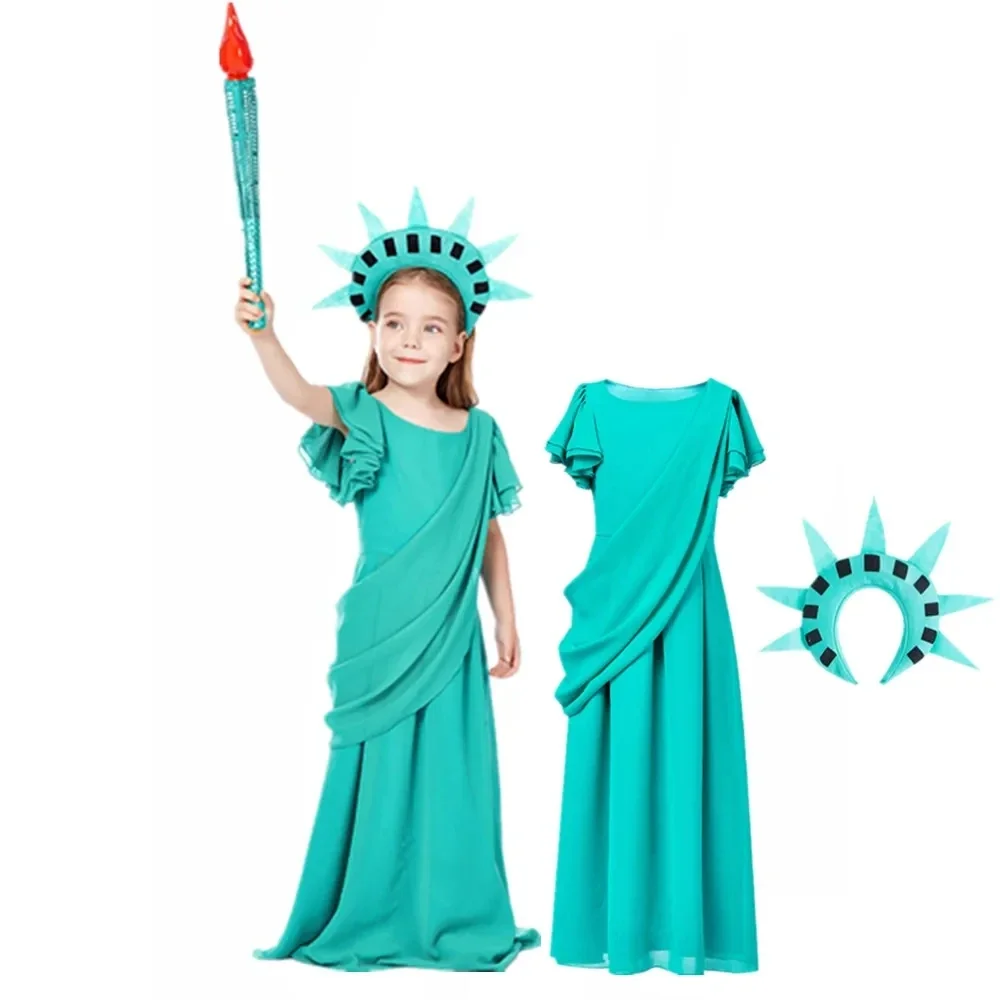 Halloween Statue Of Liberty Costume for Girls Party Dress Up Kids Ancient Greek Roman Robe Cosplay Children Torch Fancy Dress