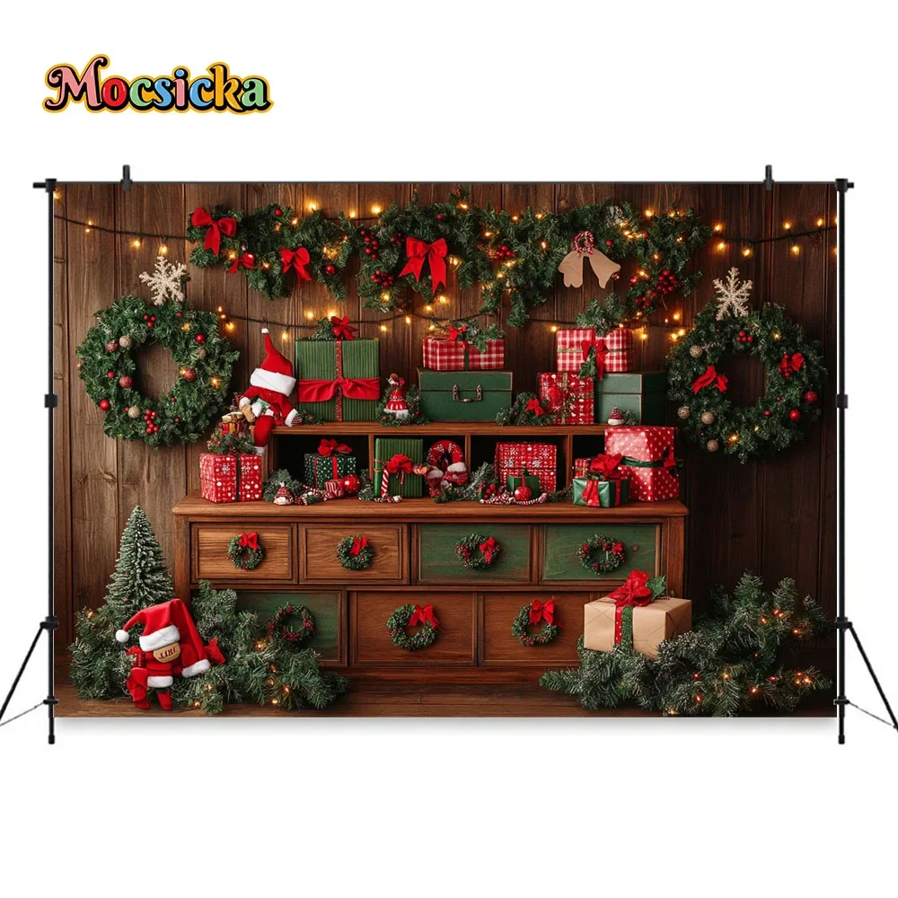 Christmas Elf Room Background Photography Xmas Tree Santa Claus Gift Cabinet Wreath Backdrop Winter Kid Birthday Photo Studio