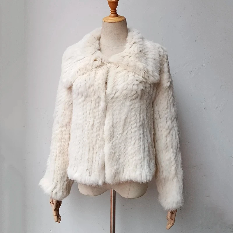 Abrigo de Piel de Conejo Real Tejido para Mujer, Invierno 2026, Alta Calidad, Manga Larga, Cuello Grande, Chaqueta Cálida para Mujer