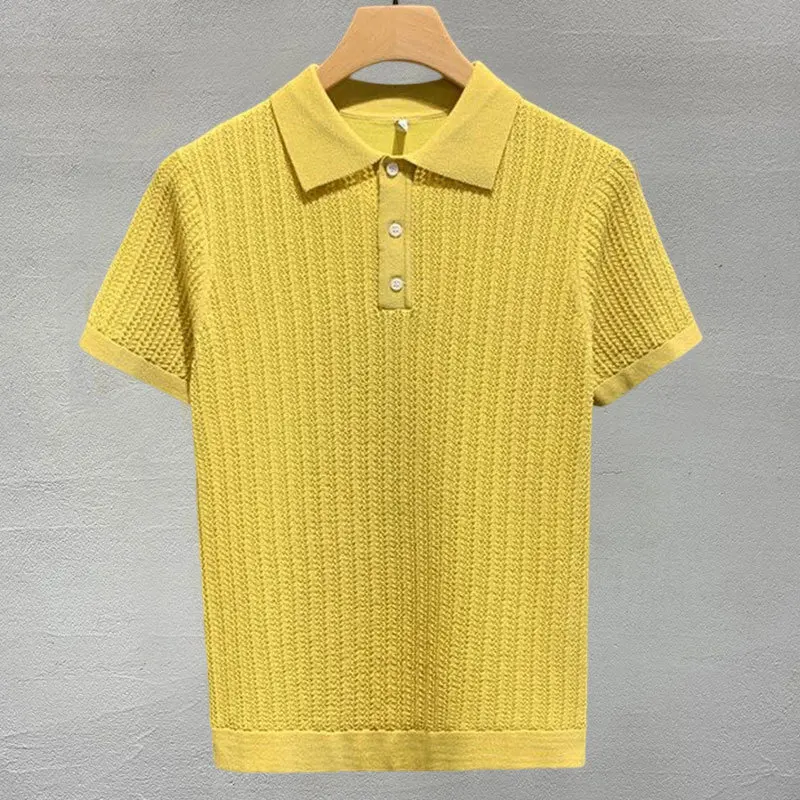 2022 Fall Men Short Sleeve Polo Hollow Solid Color Lapel Top Korean Slim Knit Men Polo High Quality Tee Shirt Camisa Hombre