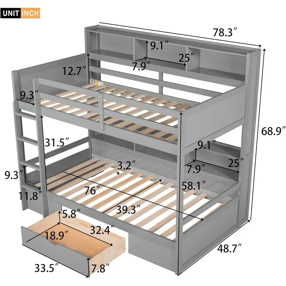 Bunk Bed, with Built-in Shelves Beside Both Upper & Down Beds,Multi Storage Bunk Beds with Drawer,Wood Twin Bunks Beds