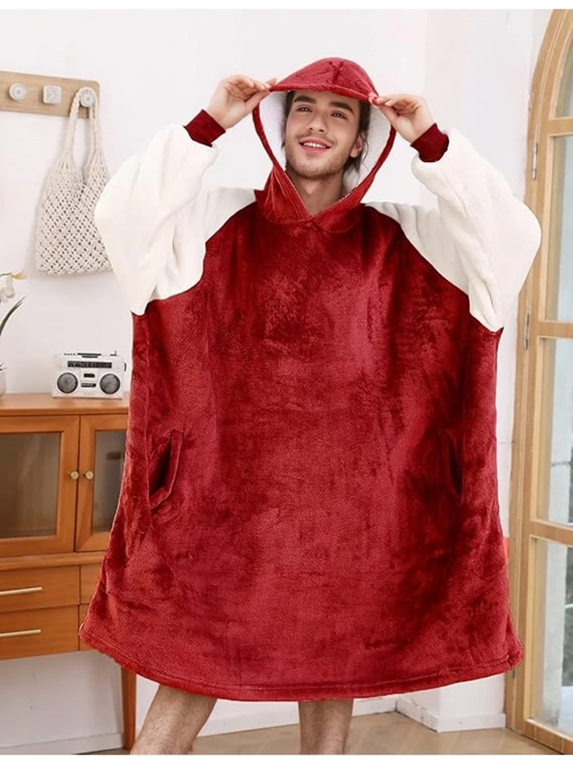 Wine red Cozy Plus Size Men's Fleece Hooded Robe - Color Block, Long Sleeve, Machine Washable Loungewear for Winter Dropship