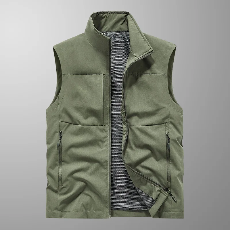 

Spring Summer Fashion Stand Collar Casual Vests Men Solid Safari Style Fishing Hiking Vest Male Sleeveless Jackets Zipper Coats