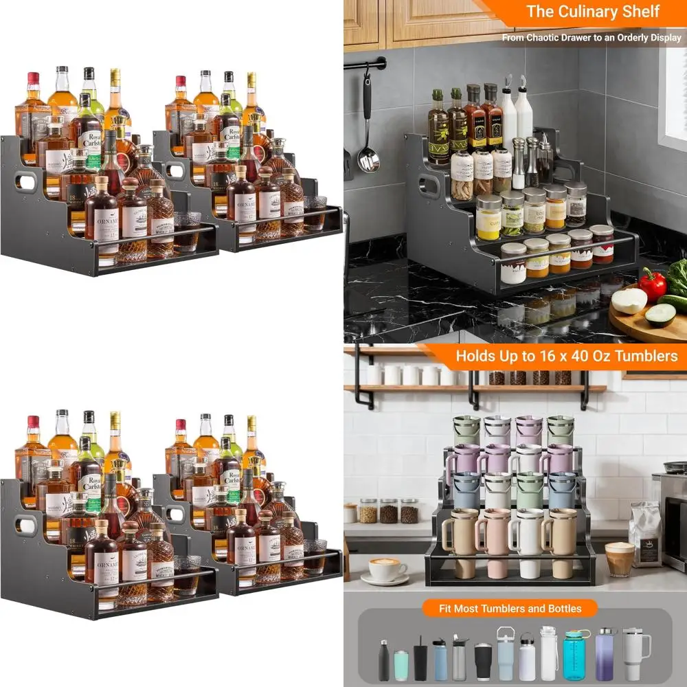 

16-дюймовая 4-ярусная деревянная полка для бутылок с алкоголем, черная - органайзер для домашнего бара и кухни
