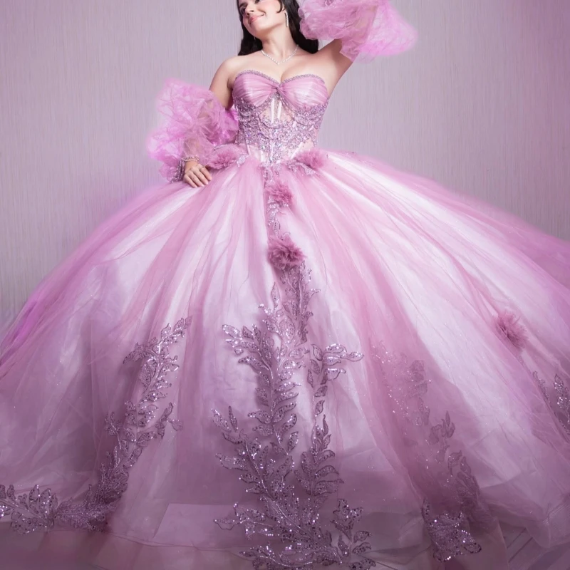 

Pink Shiny Quinceanera Dresses Ball Gown Off Shoulder Applique Flower Beading Crystal Corset Tull Birthday Payty Sweet 16 Dress