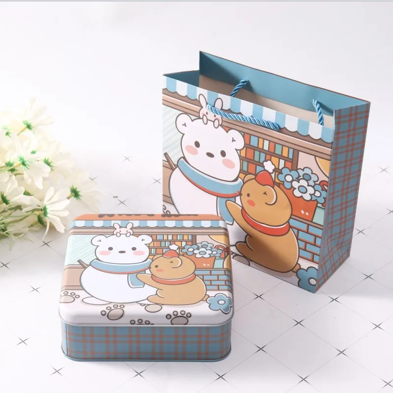 Cute Cartoon Bear Candy Biscuit Tin Storage Box Cookie Packaging Case Square Empty Cake Organizer Plate Gift Box Baking Tool