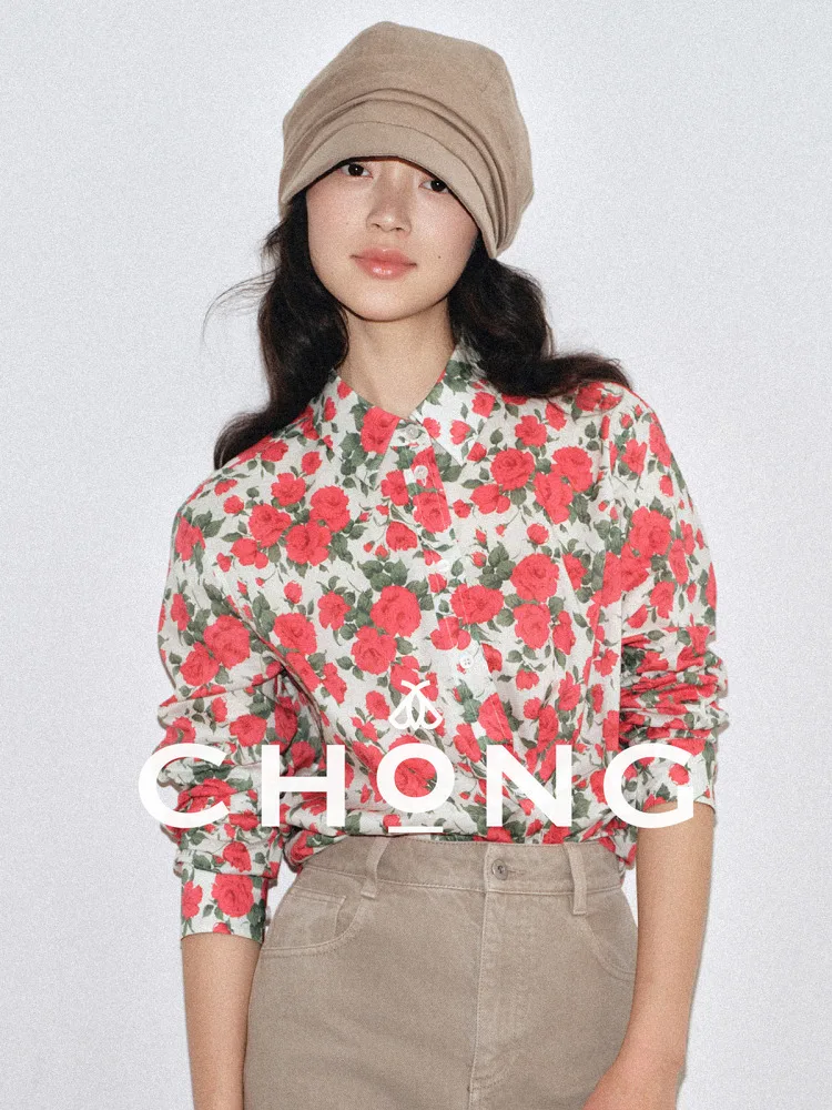 

Liber Bug Classic Rose Print Cloud Feel Cotton Blend irt Women's Casual Loose Fit Long Sve Button up Classic Collar