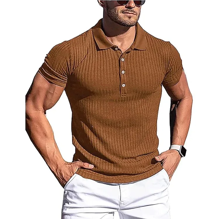 Men's Running Sports Fitness Summer High Elastic Vertical Strip Long Sleeve POLO Shirt Slim Sleeve Short Sleeve Polo Shirt