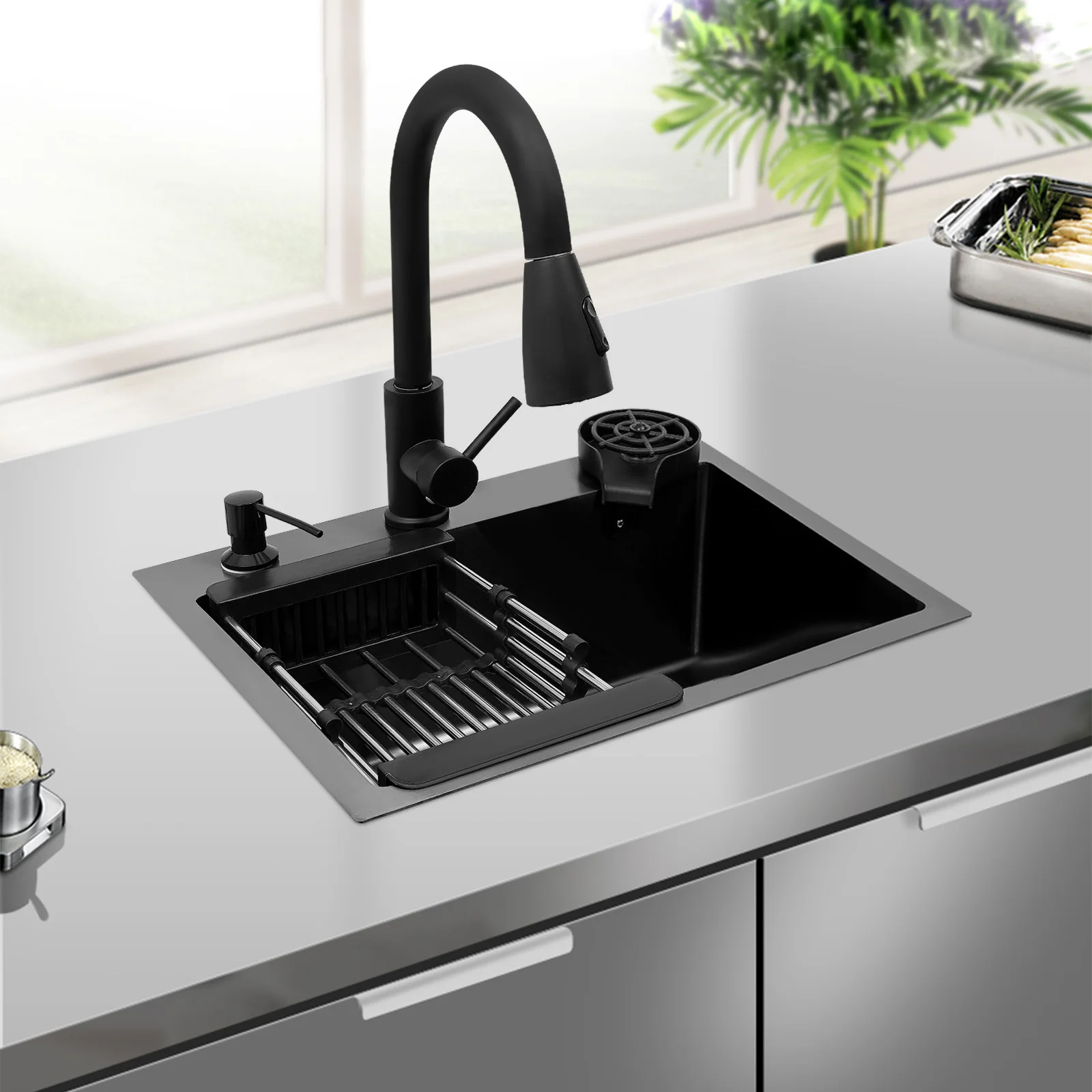 Imagen 3: Fregadero de cocina de acero inoxidable de 40 x 45 cm con grifo retráctil negro, cesta de goteo y dispensador de jabón
