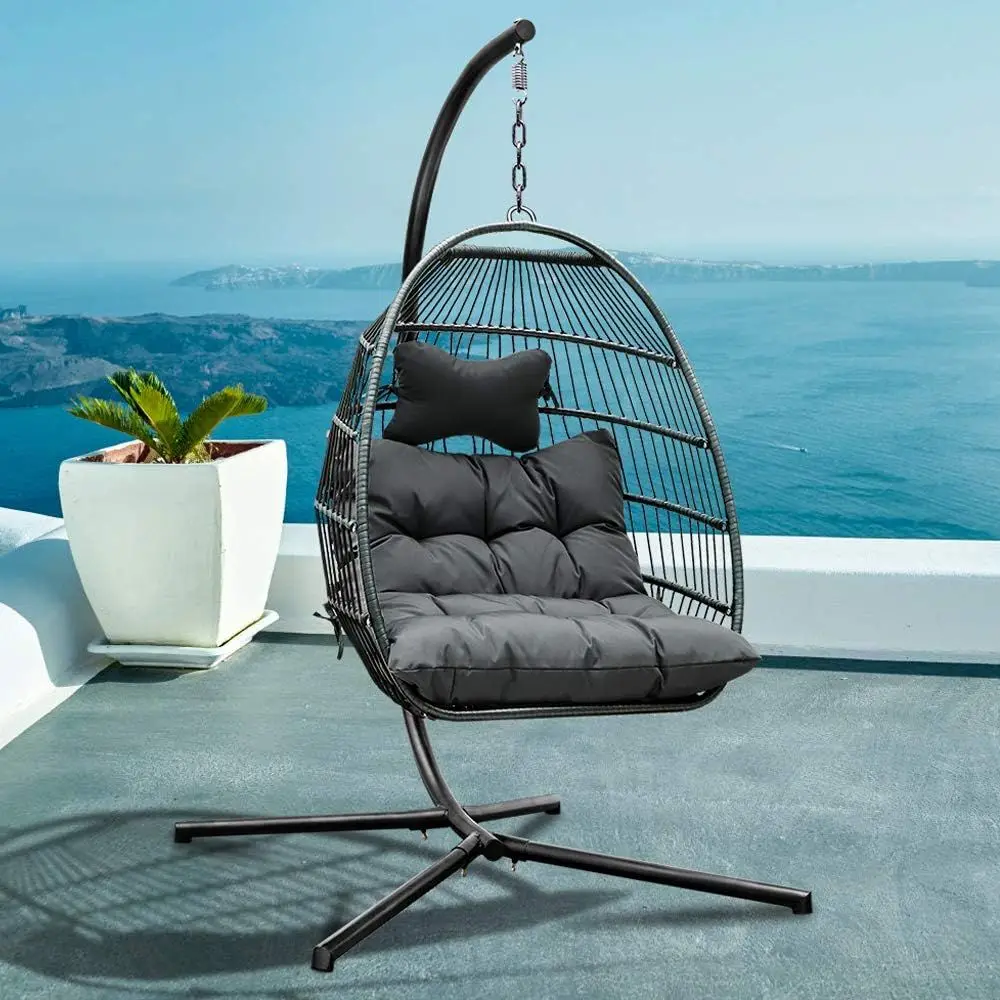 

Стильное плетеное кресло-качели с подставкой, мягкое кресло-гамак в форме яйца для использования в помещении или на улице (синее)