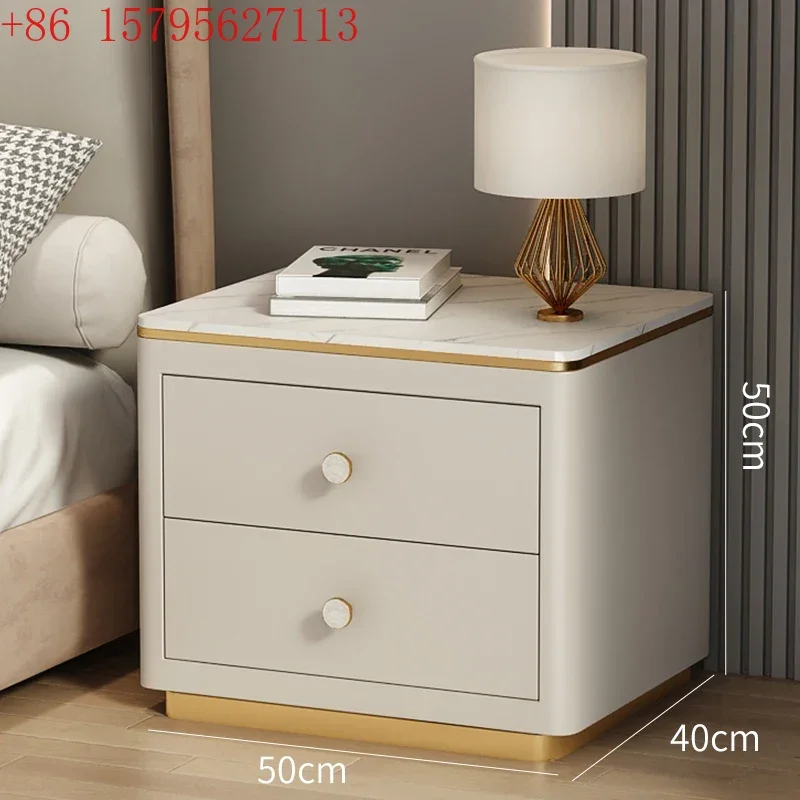02All solid wood modern simple bedside table, rock slab leather bedroom, storage bedside cabinet