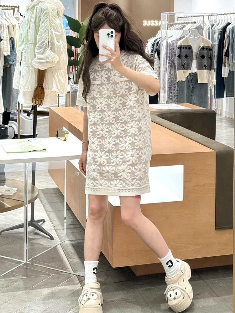 

High-End Summer 2025 Knitted Floral Embroidery Hollow out Dr Ele Ladylike Sle Polyester Fiber High Waist A-Line Skirt