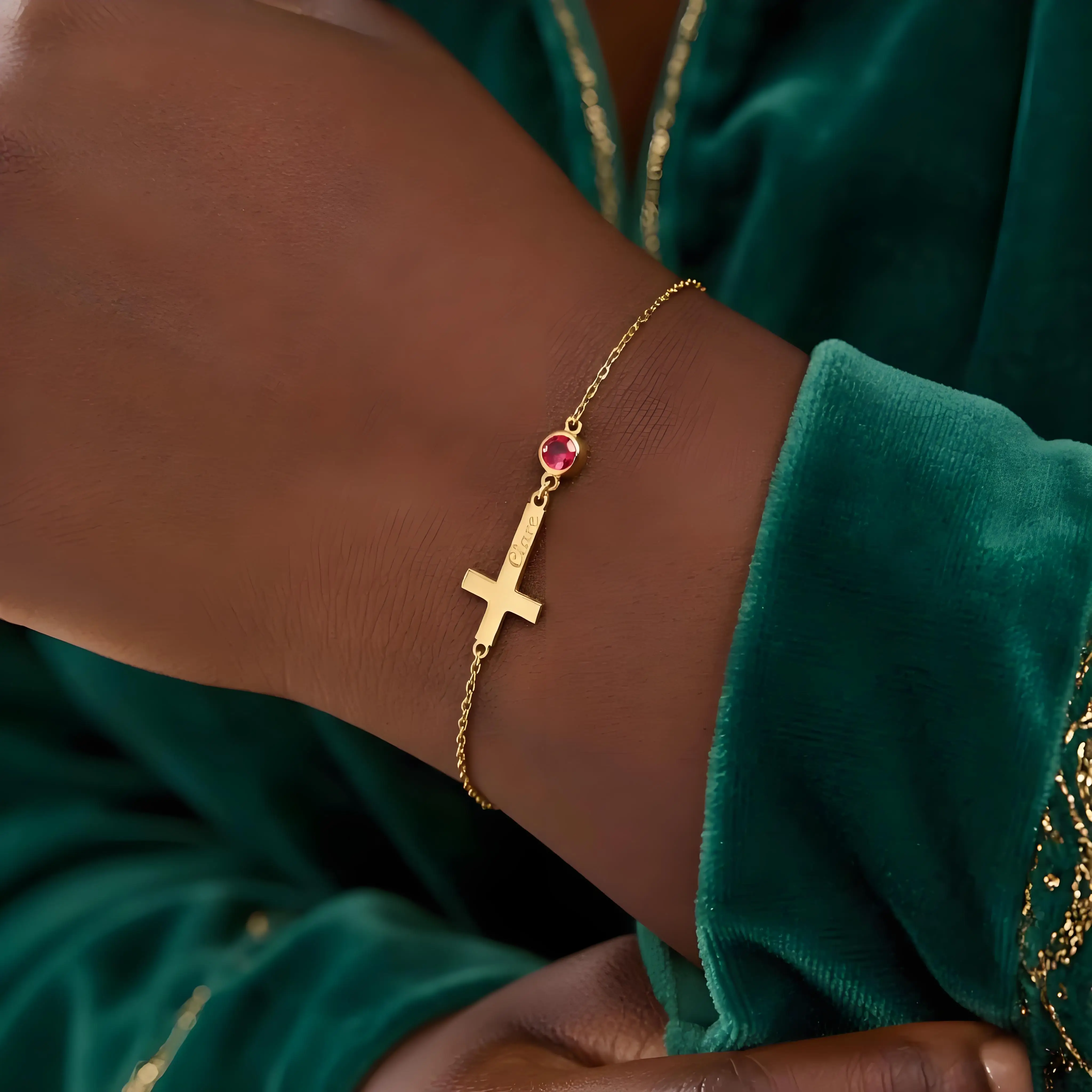 Personalized Cross Name Bracelet Dainty Chain with Birthstone for Women Daily Wear Christian Baptism Keepsake Accessory