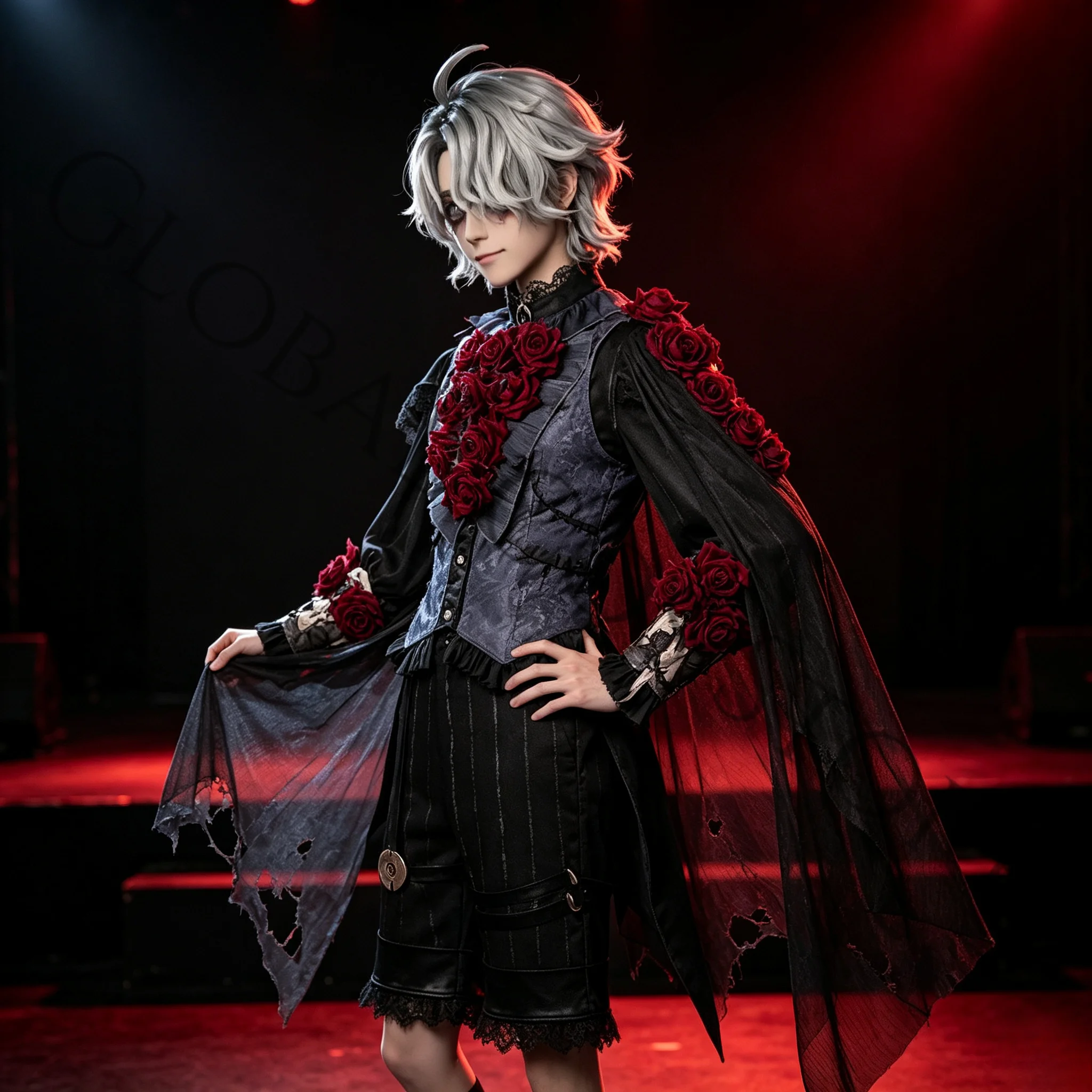 Game Identity V Patient Emil Cosplay Costume Wig Black Red Rose Gothic Unifrom Accessories for Halloween Stage Performance view 3