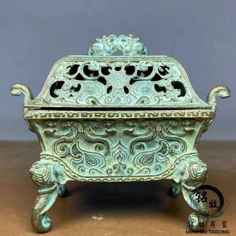 Retro Double elephant four-legged square tripod incense burner Ornament Decoration Tea Pet Figurines Desk Decor Accessories