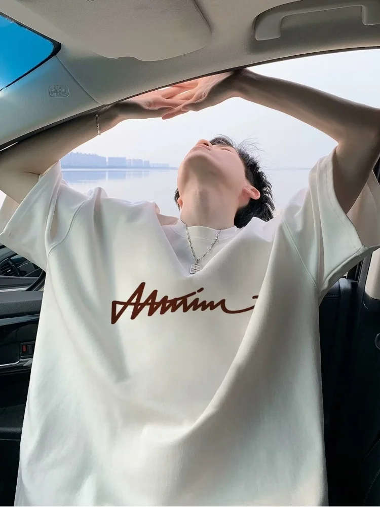 

Мужская летняя футболка Heavyweight с коротким рукавом, модная, с буквенным принтом, в американском ретро-стиле, тонкая, повседневная.