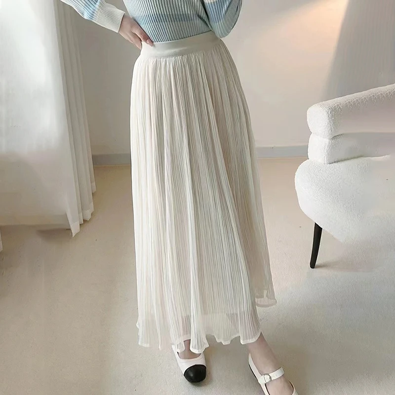 

Повседневная плиссированная юбка из сетки с эластичной талией для женщин, в уличном стиле, длинная, А-силуэт, летняя модная белая юбка до середины икры, женская, 2026