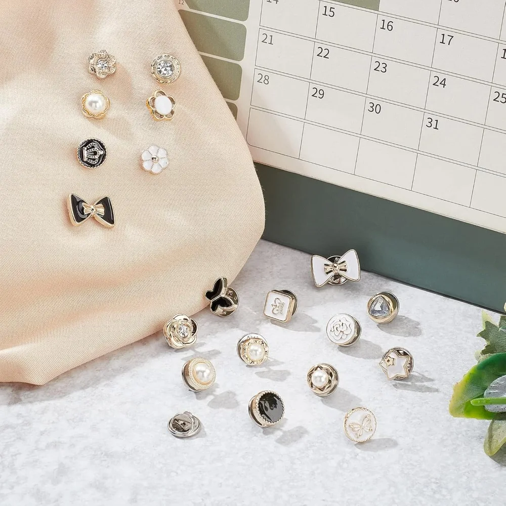 120 Pcs 40 Styles Shirt Brooch Buttons Safety Brooch Buttons Cover up Button Pins with Pearl Rhinestone for DIY Clothes Cardigan