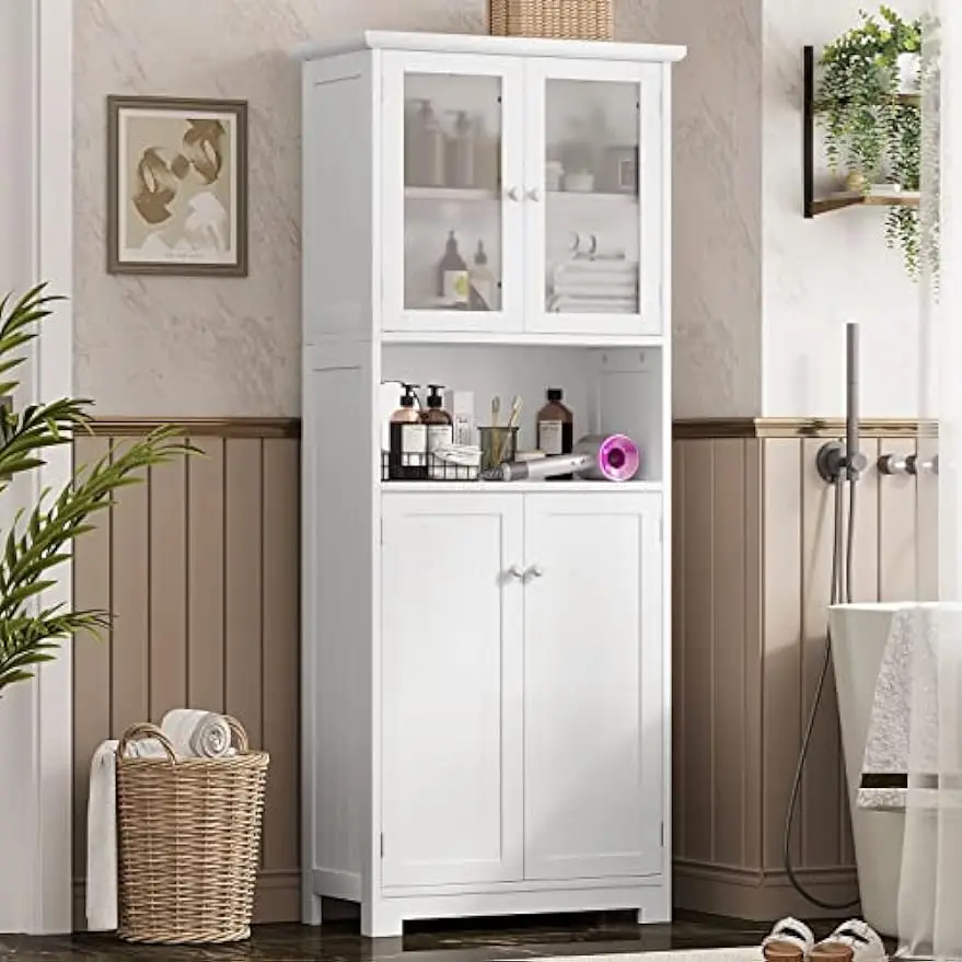 

Large Floor Storage Cabinet with Open Compartments and 2 Cabinets with Doors, 64” Height Freestanding Linen Tower for Home