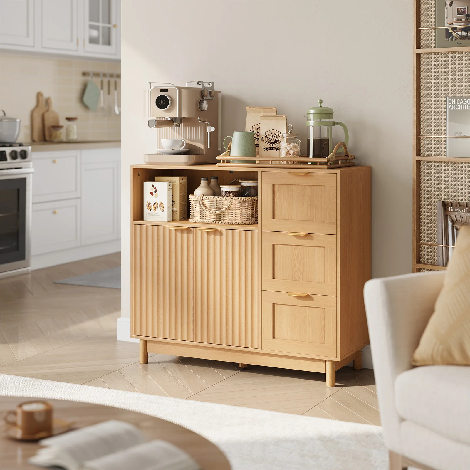 WOLTU Küchenschrank aus Holz mit 3 Schubladen, 90 x 80 x 35 cm, Buffet-Sideboard mit verstellbarem Regal, Kleiderschrank für Wohnzimmer, Flur