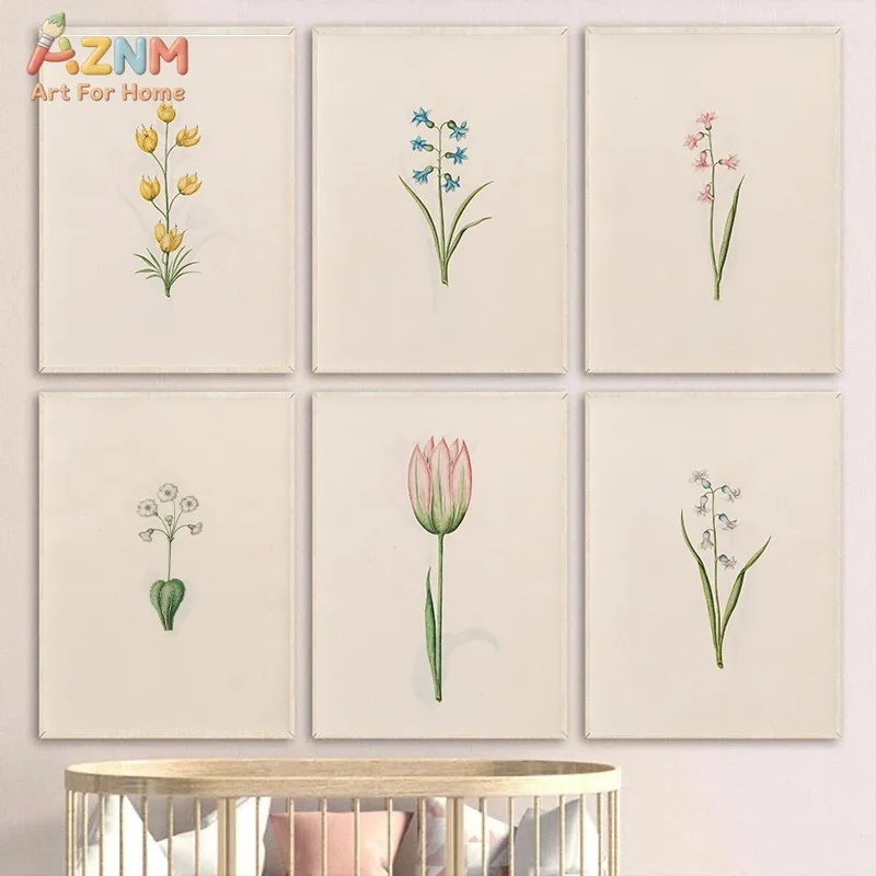 Canvas Painting Wall Art Vintage Spring Floral Plant Illustration Poster Colourful Wildflower Botanical Nursery Room Home Decor