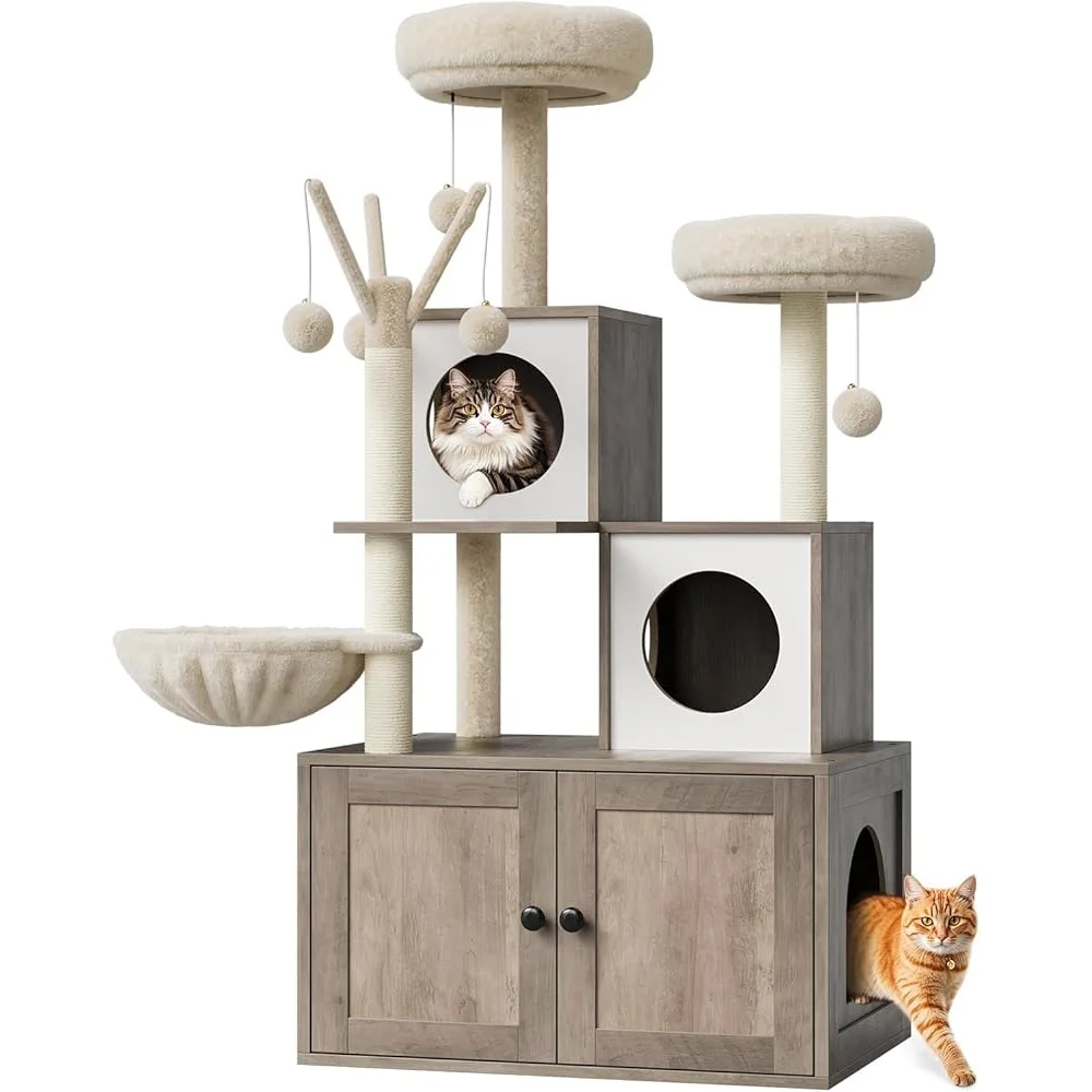 

Cat Litter Box Cabinet Enclosure with Scratching Post Multi Level Cat Tree and Condo Hidden Washroom Indoor Furniture