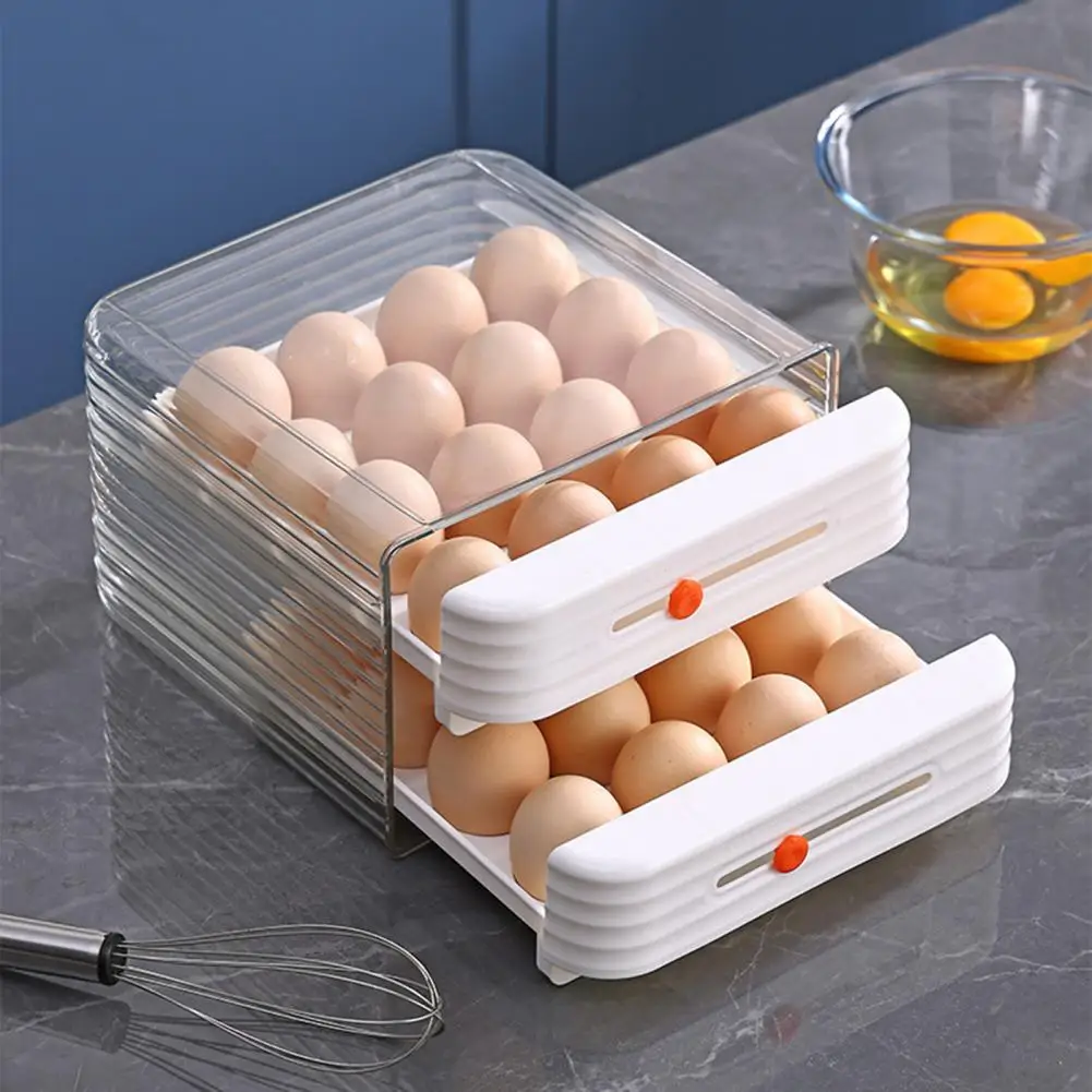 2-Layer Stackable Refrigerator Egg Container with Data Slider 32 Grids Drawer Type Egg Holder BPA Free Clear Plastic Storage Bin