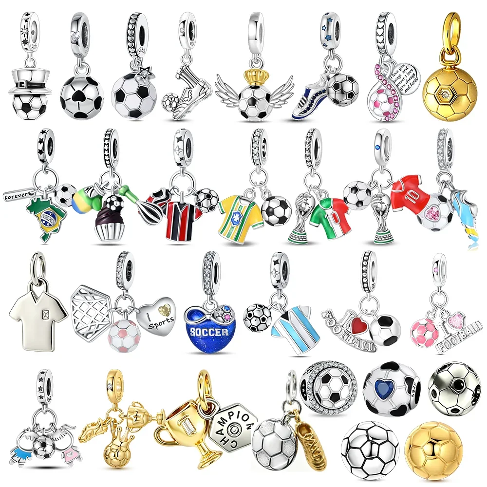 Original Soccer Beads 925 Silver Plated Football Jersey Trophy Pendant Fit Bracelet Bag Keychain Charms Fashion Jewelry Gift