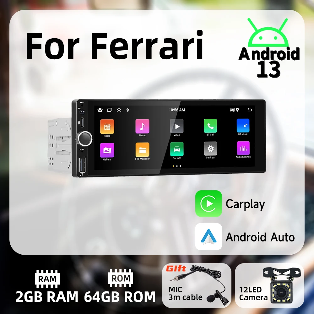 

Wireless Carplay Android Auto 1Din Radio for Ferrari Android Car Multimedia Stereo Head Unit Autoradio 6.86 Inch Screen GPS Wifi